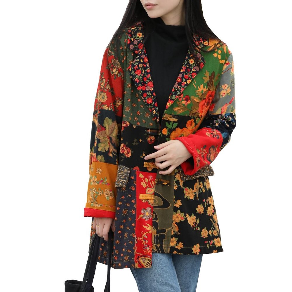 Patchwork Floral Belted Jacket - Multicolor